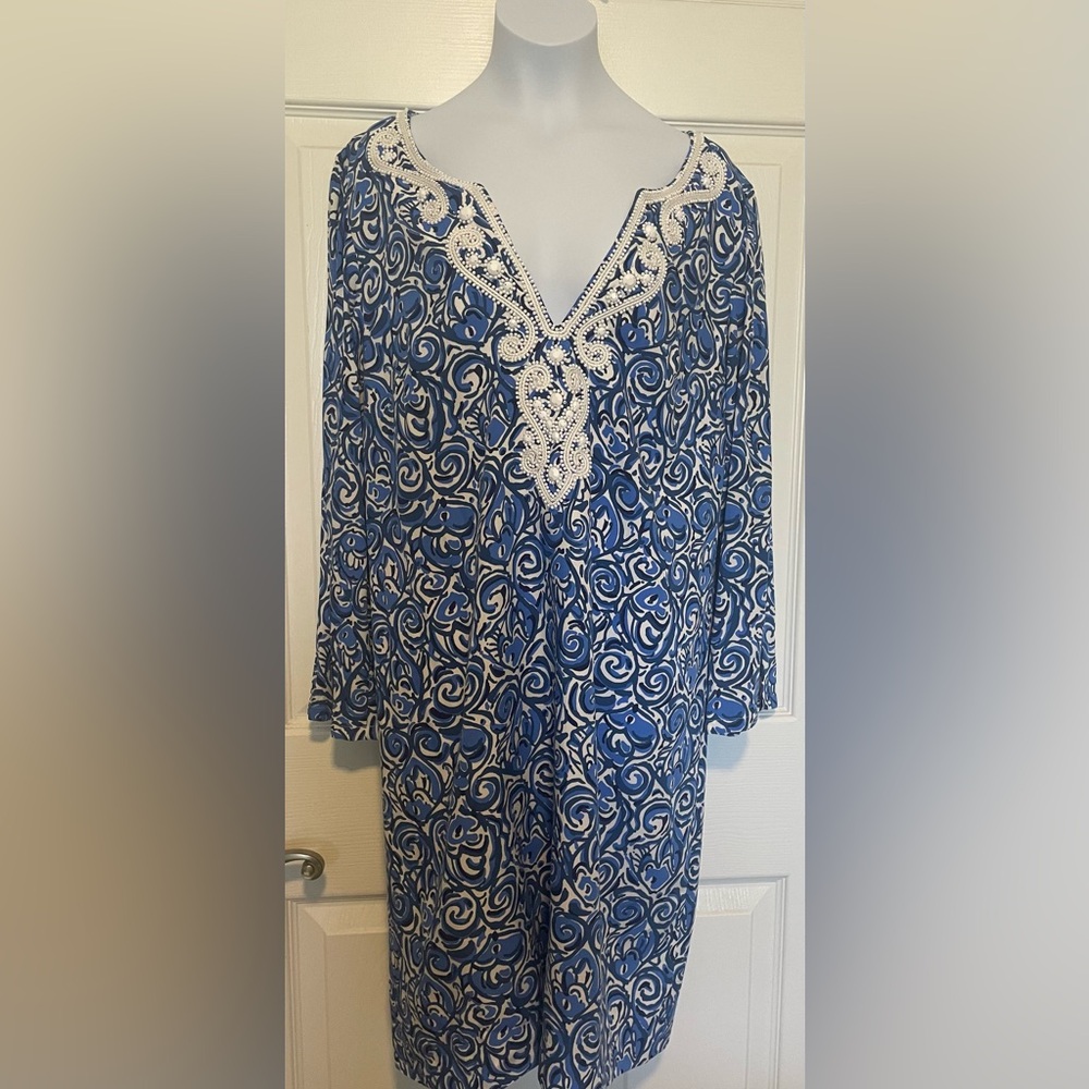 Lilly Pulitzer Julianna Blue and White Beaded Neckline Women's Shift Dress MED